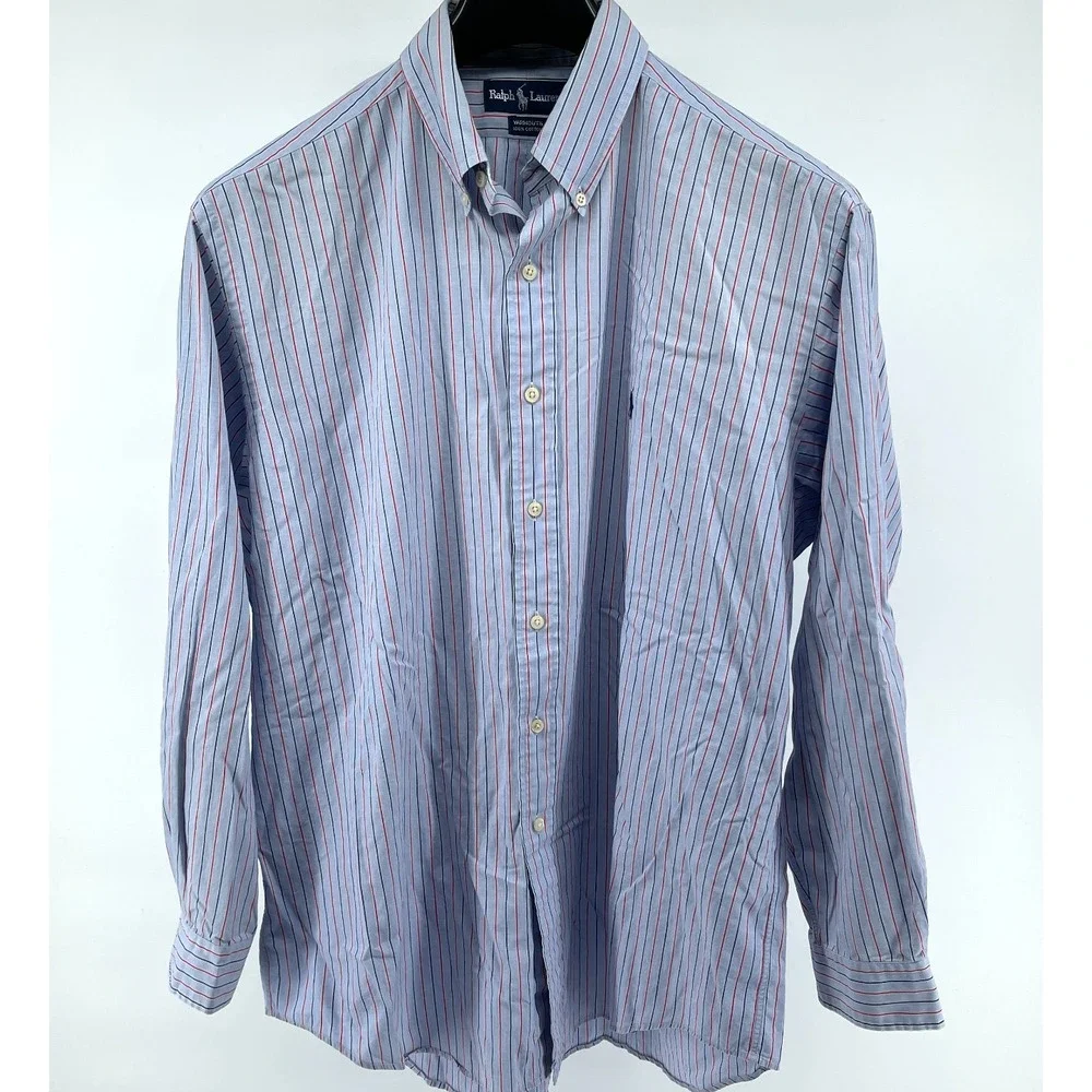 Polo Ralph Lauren Shirt Mens 17 34/35 Blue Striped Yarmouth‎